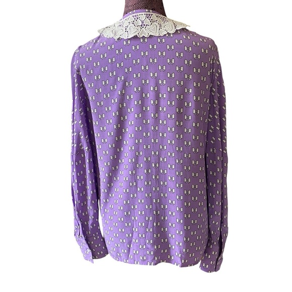 Maje Sz 2 Flowing Bows Print Purple Guipure Collar Top - Picture 5 of 10
